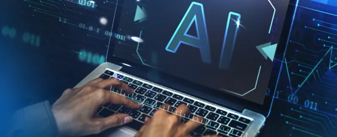 A person typing on a laptop with a glowing "AI" graphic on the screen, surrounded by floating binary code and digital circuit imagery on a dark blue background.