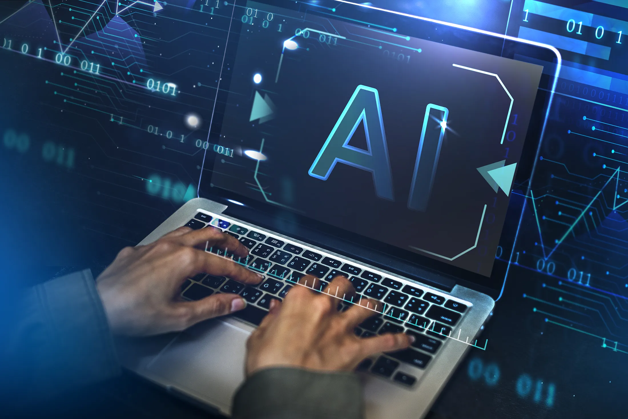 Person typing on a laptop with AI technology graphics displayed on the screen.