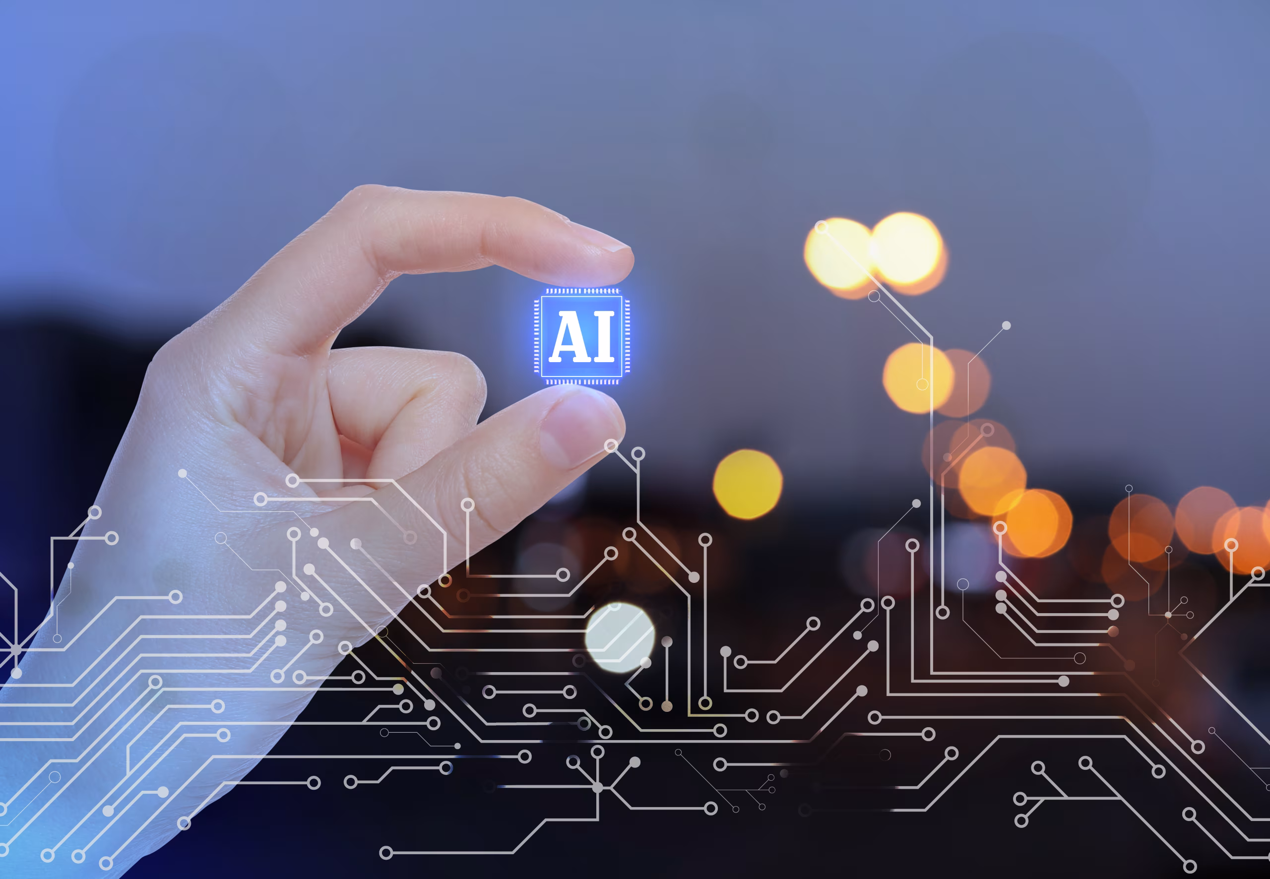 hand-holding-ai-microchip-circuit-it-accel. Hand holding a glowing blue AI microchip above a digital circuit board overlay with warm bokeh lights